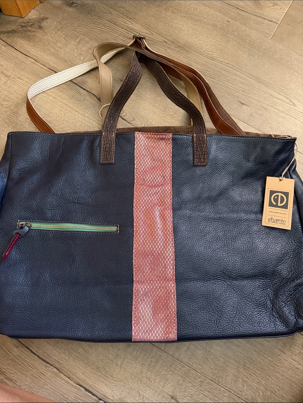eBarrito Navy Genuine Textured Leather Tote With Copper Sequins Stripe. Rare!